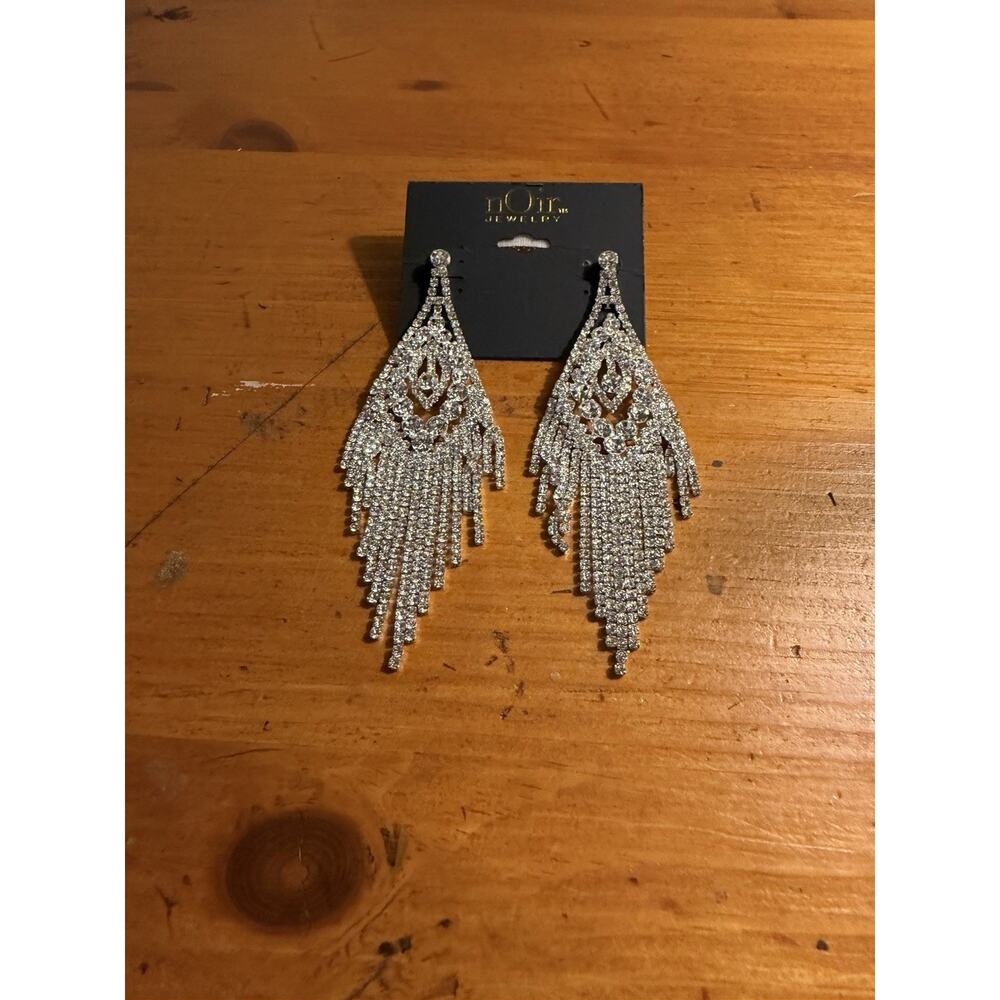 Noir Jewelry Crystal Rhinestone Fringe Statement Earrings Silver Chandelier Glam